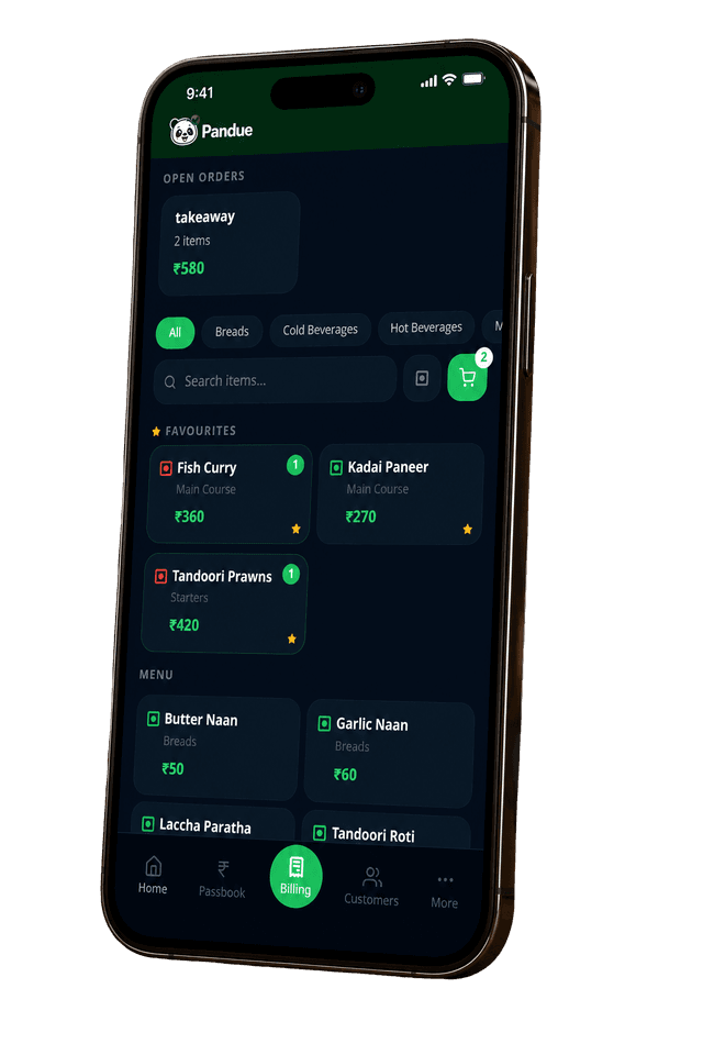 Pandue billing screen — menu-based ordering