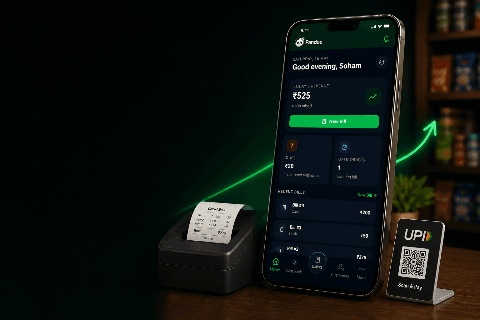 Pandue app — billing, khata and UPI on one screen