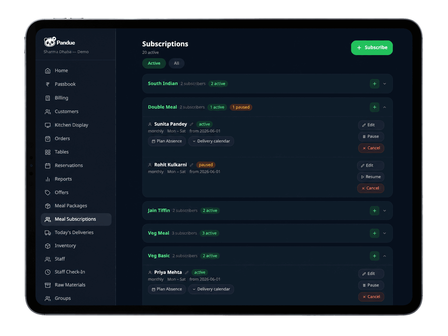 Tiffin Service — Pandue app screen